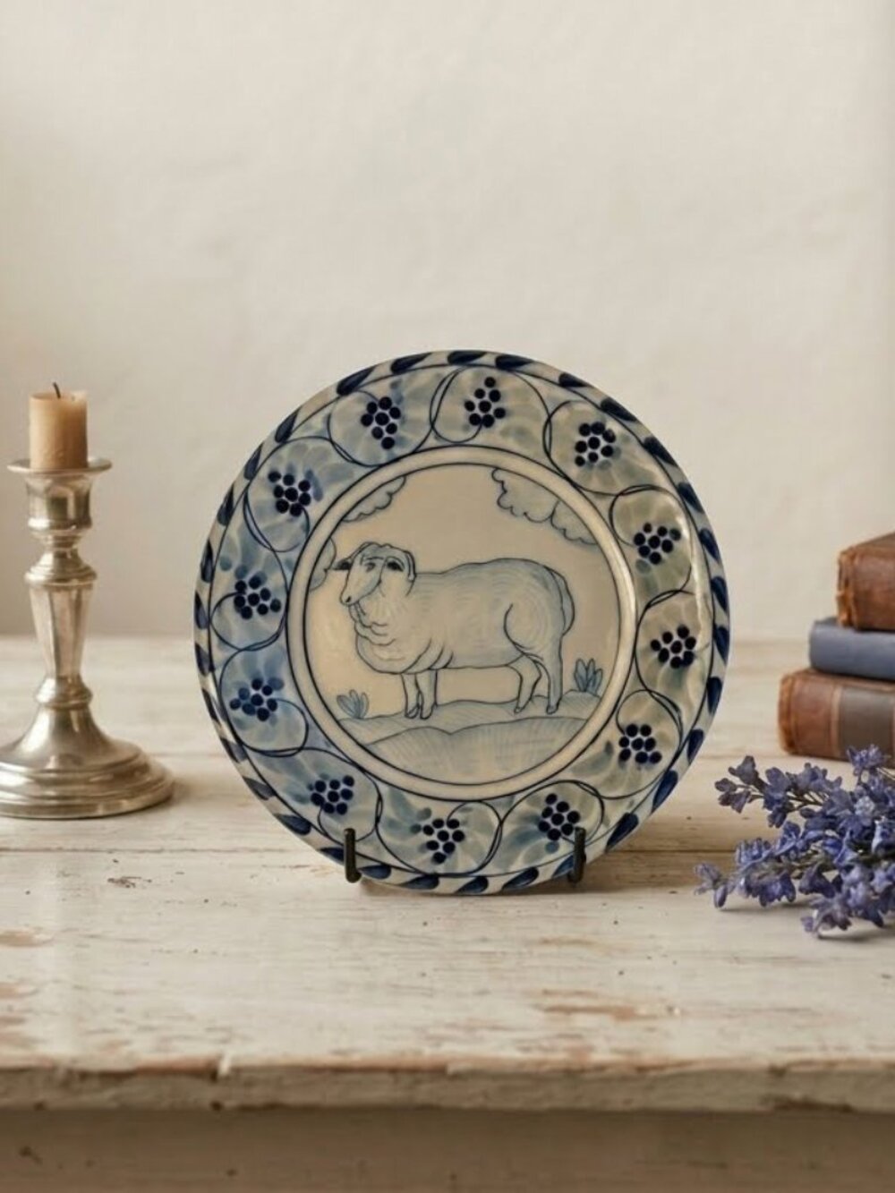 Vintage Dovis Designs Folk Art Blue & White "Lamb" Plate - 8.5"